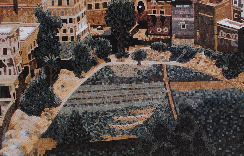 May include: A mosaic artwork depicting a cityscape with buildings, trees, and a path leading to a terraced garden. The mosaic is made of small, colourful tiles.