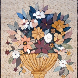 May include: A mosaic tile artwork depicting a bouquet of colorful flowers in a gold vase. The flowers are made of various colored tiles, including pink, white, yellow, and red. The vase is also made of mosaic tiles and has a classic design.