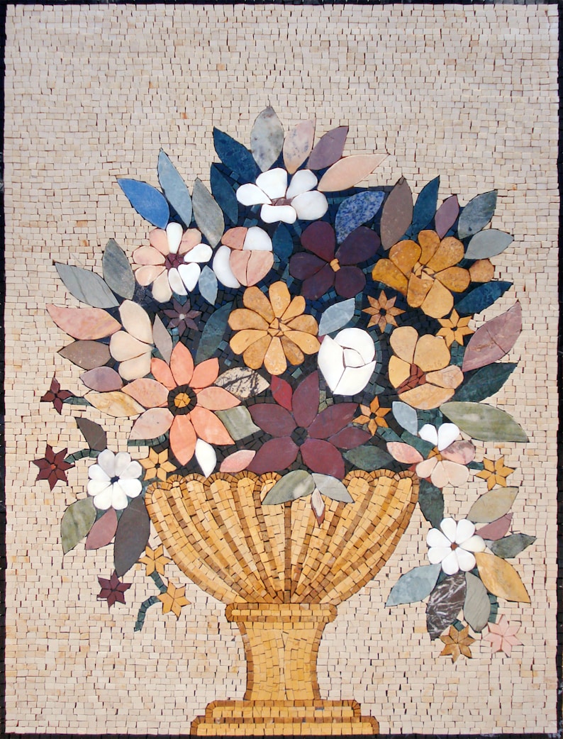 May include: A mosaic tile artwork depicting a bouquet of colorful flowers in a gold vase. The flowers are made of various colored tiles, including pink, white, yellow, and red. The vase is also made of mosaic tiles and has a classic design.