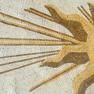May include: A mosaic tile sun with a yellow and white color scheme. The sun has rays emanating from it, creating a decorative pattern.