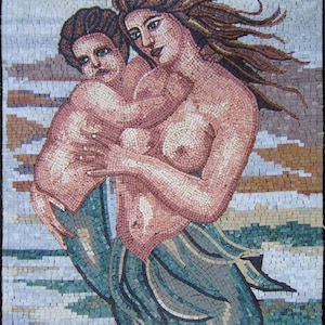 MERMAID MOSAIC BACKSPLASH | Sea Life Mosaic Tiles For Living Room Walls | Mermaid With Her Child Art Tiles For Interior And Outdoor Walls