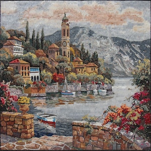 COASTAL TOWN BACKSPLASH |Seascape Muster Mosaik Fliesen für Wohnzimmer Wände | Küstendorf Fantasy Kunstwerk Mosaik Marmorfliesen