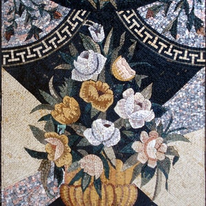 50&quot; Handmade Marble Mosaic Yellow, White And Red Roses And Mixed Flower Mosaic Wall Art For Living Room