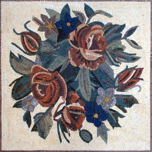 36&quot; Handmade Marble Mosaic Flowers Big Red Roses And Mixed Flower Mosaic Wall Art For Living Room