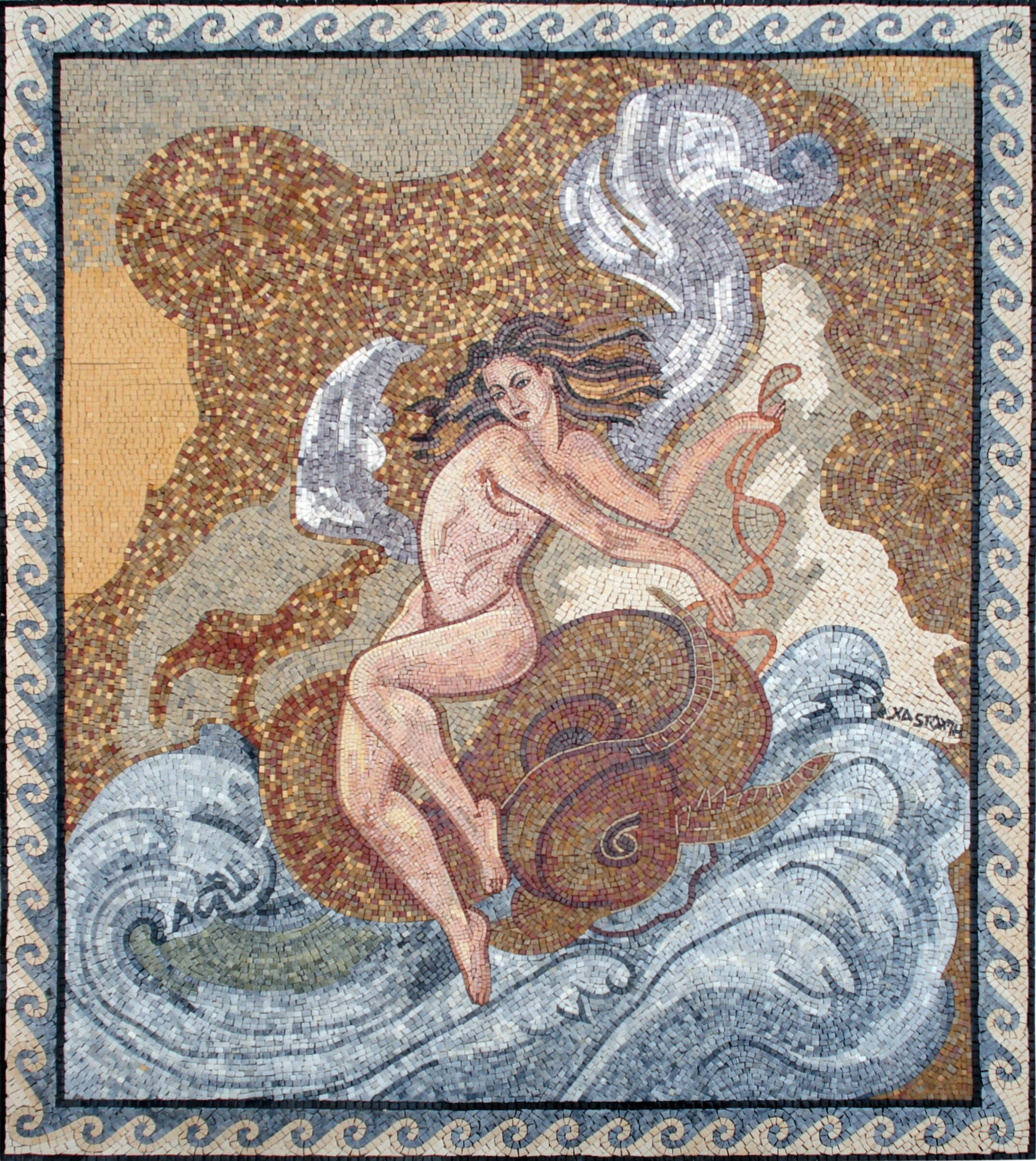 HIPPOCAMP MOSAIC TILES | Nereid Ridding On Fish Tail Horse Reproduction Mosaic Art Tiles | Italian Artist Mosaic Backsplash Tiles For Walls