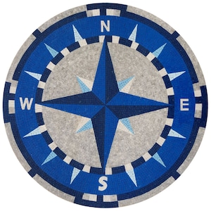 May include: A blue and white compass mosaic tile with the cardinal directions N, S, E, and W. The compass is set against a gray background.