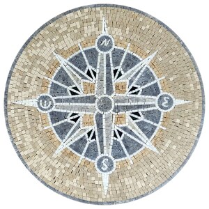 May include: A round mosaic compass design with a black and white compass rose in the center. The compass rose has the cardinal directions N, S, E, and W. The background is a beige mosaic.