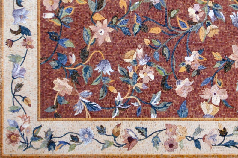 Stone Tile Rug Flower Border Marble Mosaic Rug: Handmade Stone Tile Rug - Etsy