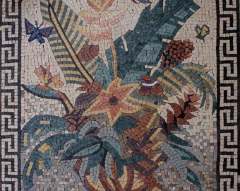 Handmade Marble Mosaic Wall Art: Floral Bouquet with Butterflies (40x32)