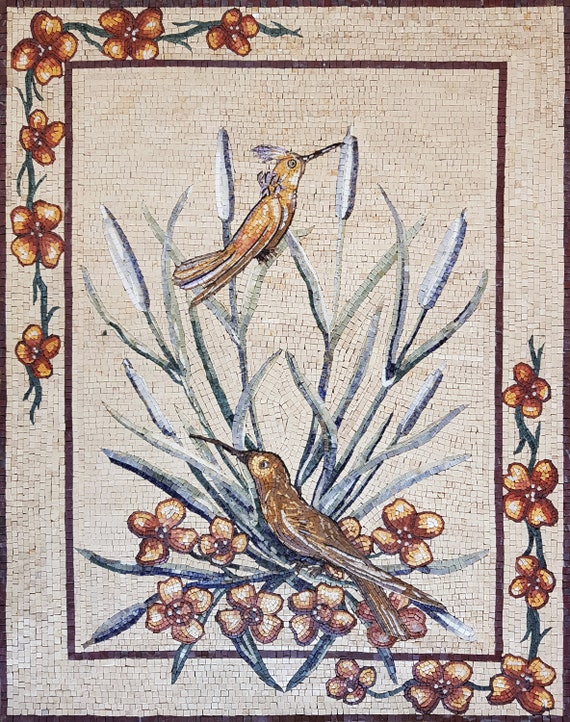 天然石モザイクアート 壁掛け 手作りのカワセミモザイクタイルアート：花柄の鳥の壁飾り（40x32