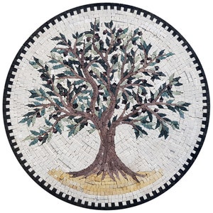 May include: A round mosaic tile featuring a stylised olive tree with brown branches and green leaves. The tree is set against a white background with a black and white border.