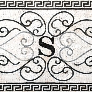 Puede incluir: Dise&ntilde;o de mosaico en blanco y negro con una letra 'S' estilizada rodeada de intrincados remolinos. El dise&ntilde;o est&aacute; enmarcado por un borde de clave griega en blanco y negro.