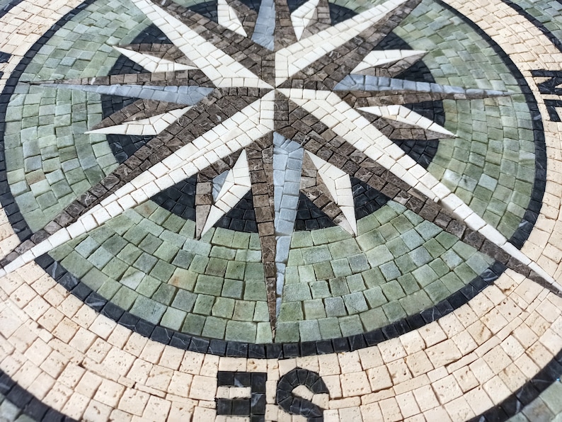 Nautical Compass Mosaic Tile | Handmade Marble Medallion (30 Inch) - Etsy