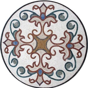 May include: A round mosaic tile with a white background and a brown, blue, and green floral design. The design is symmetrical and features intricate details.