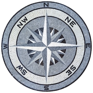 May include: A gray and white mosaic compass with a black star in the center. The compass is surrounded by a circle with the letters N, NE, E, SE, S, SW, W, and NW.