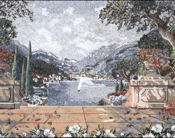 ITALIAN LAKE ART - Como Beach Decal - Antique Wall Art - Lombardy Lake Art - Italian Minimalist Mosaic Marble Tile