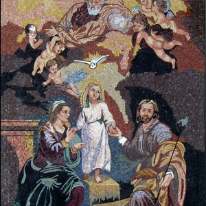 May include: A mosaic artwork depicting the Holy Family.  The image shows Mary, Joseph, and baby Jesus.  God is shown in the upper portion of the image with angels surrounding him.