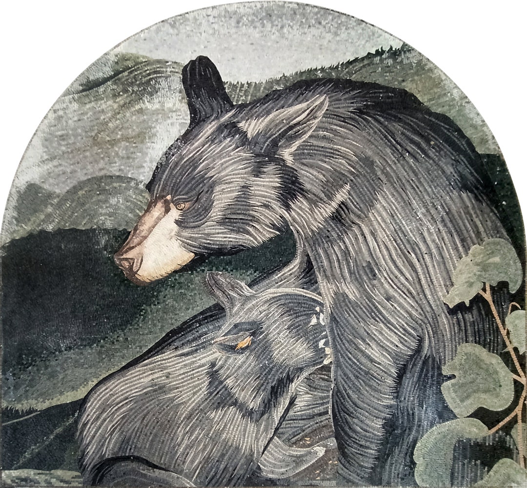 Handmade Bear Mosaic Tile Art: Mother and Cub, Stone Wall Decor (80” X ...