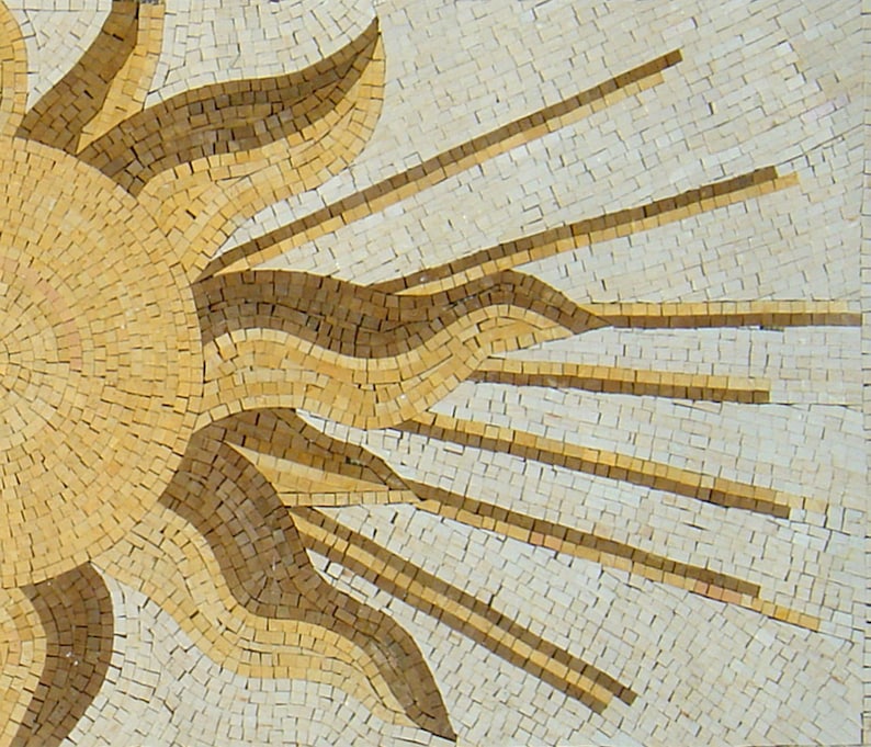 May include: A mosaic tile design of a sun with rays emanating from the center. The sun is made of small, square tiles in shades of beige and brown.