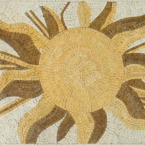 May include: A mosaic tile sun with a yellow center and brown rays. The sun is made of small, square tiles.