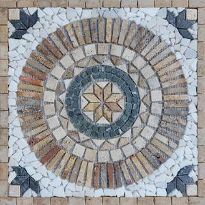 Handmade Flower Mosaic Medallion: Travertine Stone Art (24"x24")