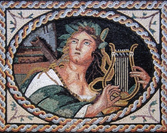 GREEK MOSIAC MURALS |Young Woman Playing Apollo Reproduction Mosaic Tiles For Living Room Walls |Backsplash For Interior And Outdoor Walls