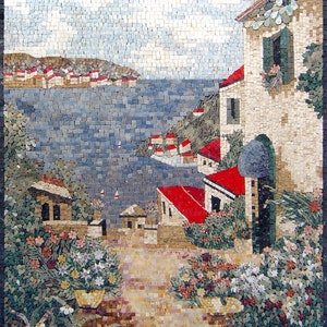 NATURE MOSAIC TILES | House On Beach Coastal Master piece Artwork Tiles For Living Room Wall | Ancient Art Tiles For Interior Walls