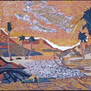 DESERT MOSAIC TILES | Palm Trees And Lake In Desert Artwork Tiles For Living Room Decor | Tiles For Interior And Outdoor Entry And Walls