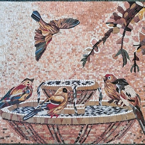 BIRD MOSAIC BACKSPLASH| Bird Mosaic Tiles For Living Room Walls | Colorful Bird, Parrot Drinking Water And Bathing Art For Rooms Wall