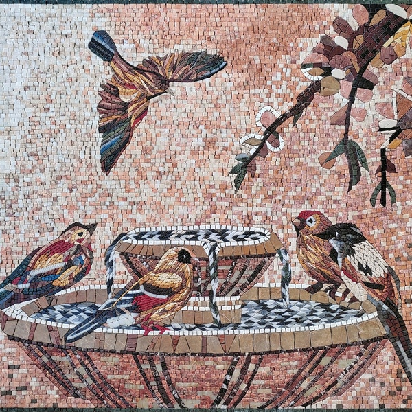 BIRD WALL ART-Mosaic Mural Tile-Multicolored Sitting And Flying Birds Bath Tree Branch Accent Marble Wall Art