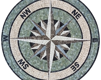 Green Nautical Charm Mosaic - Green Compass Rose Marble Mosaic Medallion Art Tile - Customization available