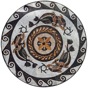 May include: A circular mosaic tile with a black and white border and a central design of three stylised fish with a floral motif in the centre. The fish are brown, green and black with white accents. The floral motif is yellow and brown.