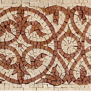 May include: A mosaic border design featuring a repeating pattern of swirling, stylized floral or foliate elements. The mosaic is composed of small, square tiles in shades of brown and off-white, creating a textured and detailed surface.