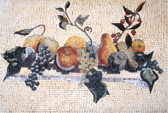 FRUIT BOWL ART - Kitchen Backsplash Mosaic Tile Wall Art - Nature Floor Tiles Wall Art - Handmade Home Wall Art