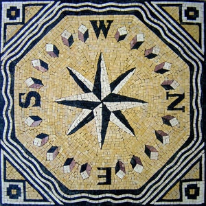 Puede incluir: Un azulejo de mosaico de brújula con un diseño de estrella en blanco y negro. Los puntos cardinales están etiquetados como N, S, E y W.