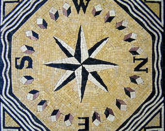 Compass Rose Mosaic Medallion – 32" Nautical Stone Inlay for Floor, Kitchen Backsplash or Indoor/Outdoor Wall Art – Luxury Hand-Cut Tile