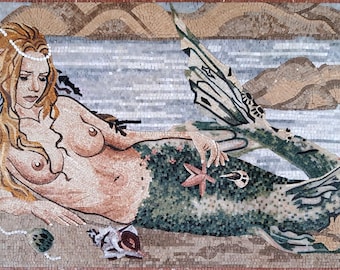 MERMAID MOSAIC TILES | Seashore Mermaid Goddess Mosaic Tiles For Living Room Walls | Tiles For Interior And Outdoor Entry Walls