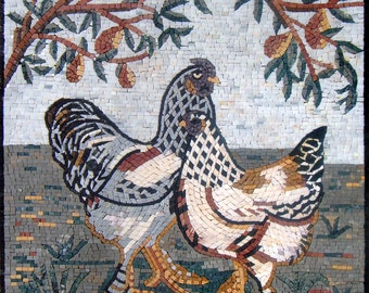Handmade Rooster and Hen Mosaic Tile Art: Farmhouse Kitchen Decor (28x28)