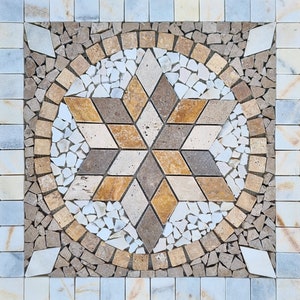 Handmade Travertine Mosaic Medallion: Tropical Stone Art, 24"