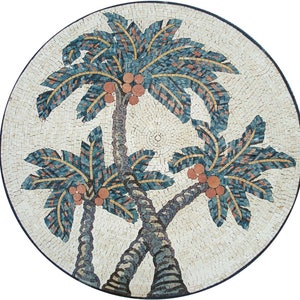 Handmade Marble Mosaic Medallion: Coconuts Tree Art Tile (40-Inch)