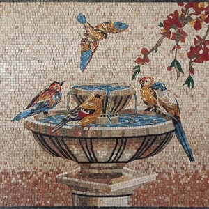 BIRD MOSAIC TILES |Bird Animal Mosaic Tiles For Living Room Walls | Colorful Bird Drinking Water And Bathing Art For Interior Rooms Wall