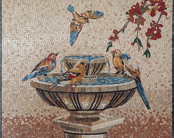 天然石 モザイクアート 鳥図 ハンドメイド 絵画 額なし 手作りの鳥のモザイクタイルアート：夕暮れ時に水を飲む鳥、40x34