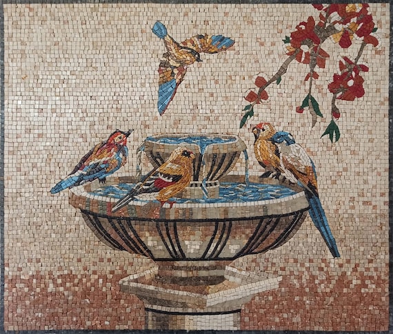 アンティーク　タイルアート　　　　　　モダンアート 手作りの鳥のモザイクタイルアート：夕暮れ時に水を飲む鳥、40x34