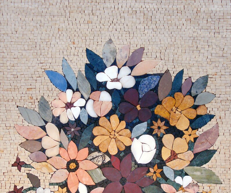 May include: A mosaic artwork depicting a bouquet of colorful flowers in a vase. The flowers are made of various colored stones and include white, pink, red, yellow, and orange flowers. The background is a light beige mosaic.