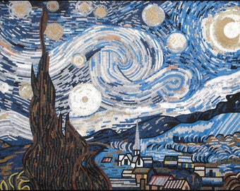 May include: A mosaic artwork depicting a starry night scene. The image features swirling blue and white clouds, a crescent moon, and numerous stars. A dark, textured tree is in the foreground, with a village and church in the background.