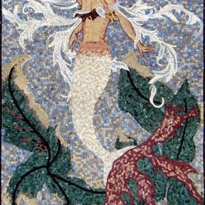 MERMAID MOSAIC BACKSPLASH | Sea Life Mosaic Tiles For Living Room Walls | White Hair Mermaid Art Tiles For Interior And Outdoor Entry Walls