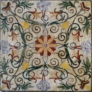 32” MEDALLION MOSAIC BACKSPLASH | Floral Square Inlay Mosaic Tiles For Hallway Entry | Mosaic Tile Murals For House Warming