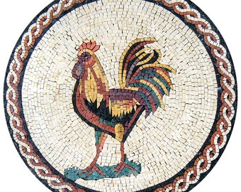 Handmade Rooster Mosaic Tile Art: Farmhouse Kitchen Decor (24" Diameter)