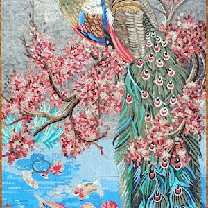 Peacock Wall Décor - Two Peacocks Perched on Cherry Blossom Over Koi Pond Mosaic Wall Art - Peacock Lover Gift - Handcraft Artwork