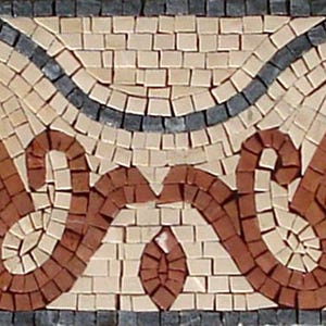 May include: A mosaic border design with repeating leaf and scroll patterns in brown, beige, and black. The mosaic is made of small, square tiles, creating a textured surface. Suitable for decorative applications, the border is a classic design.